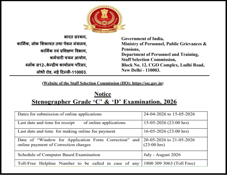 SSC Stenographer 2026 Notification Out: 731 पदों पर भर्ती, 12वीं पास के लिए सुनहरा मौका