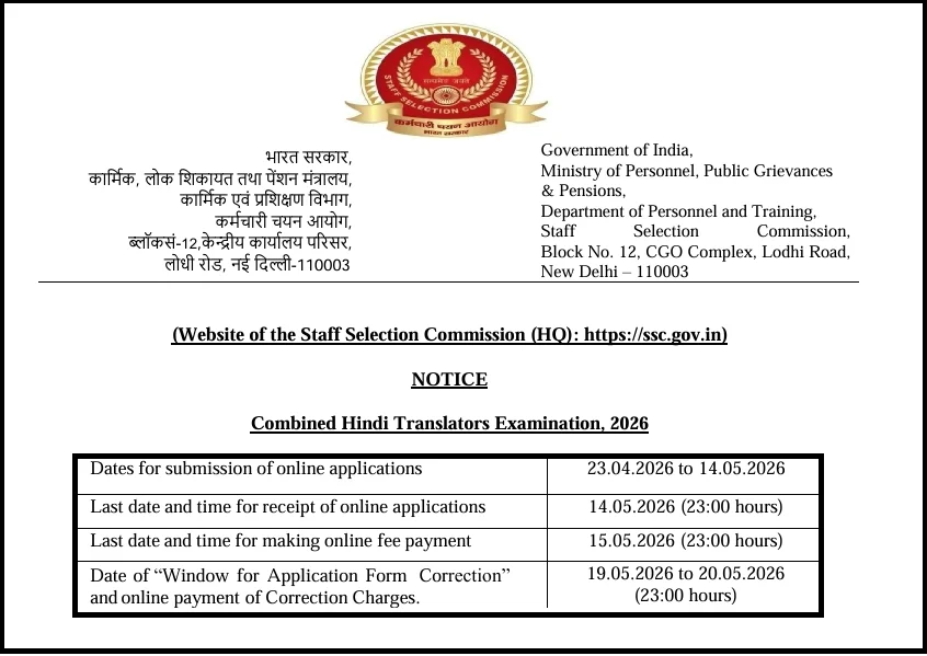 SSC Combined Hindi Translators Examination 2026: भर्ती का पूरा विवरण